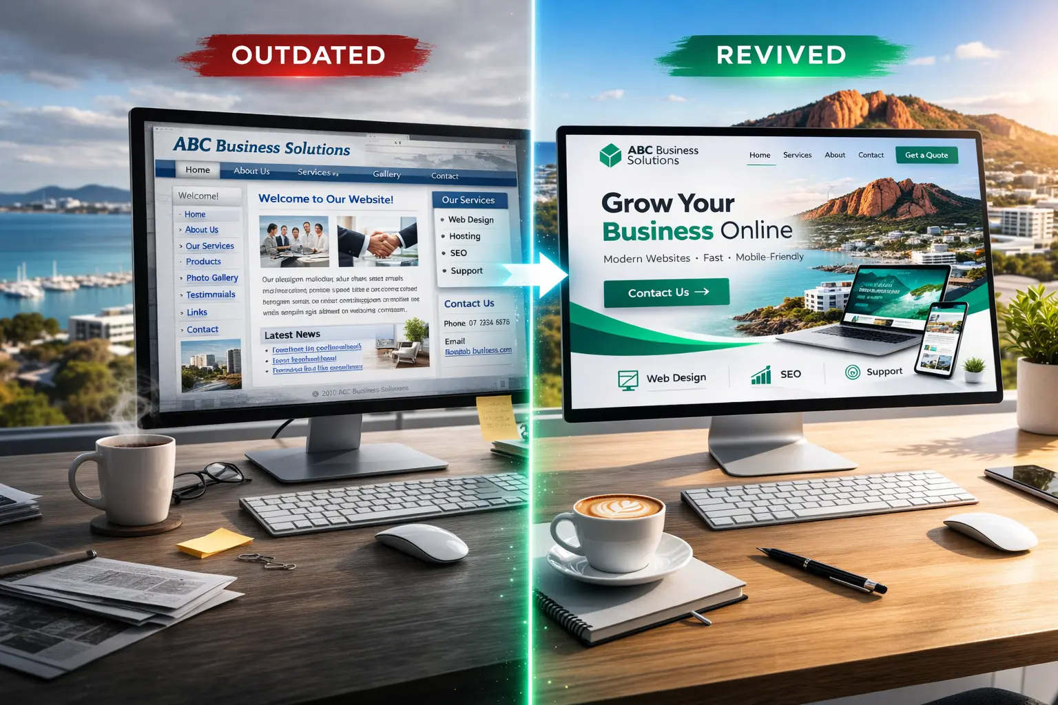 Before and after website restoration comparison — Townsville web design modernisation by Website Reviver.